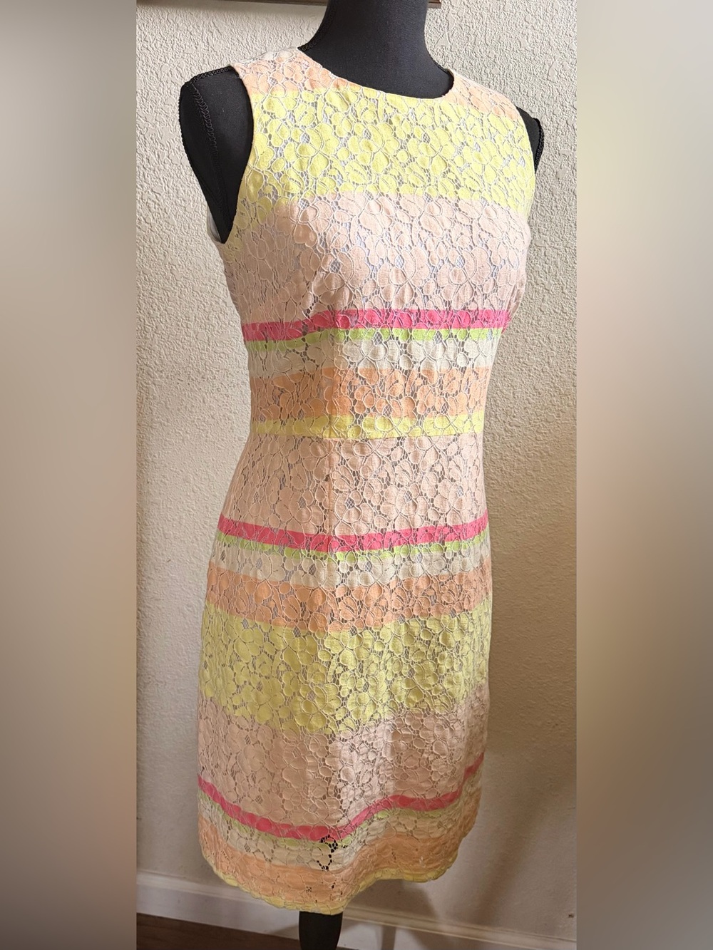 Ann Taylor Lace Dress with Pink and Yellow Stripes, spring